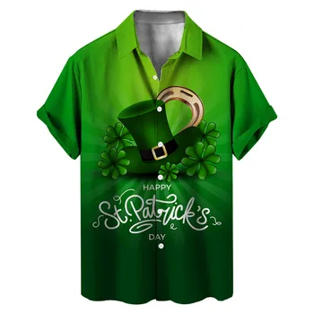 Мужская рубашка с коротким рукавом на День Святого Патрика, осенняя повседневная рубашка с 3D-принтом, Гавайи, рубашки с коротким рукавом, Винтажные, ретро Свободные