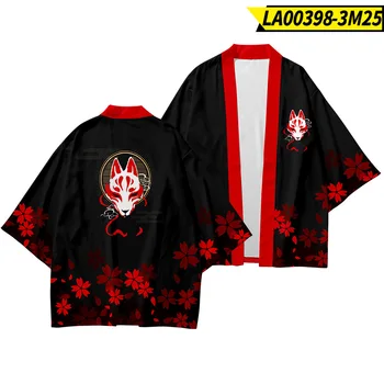 Плюс Размер XS-6XL Черная Лиса Печать Японский Стиль Мода Кимоно Брюки Мужчины Женщины Кардиган Блузка Haori Obi Азиатская Одежда