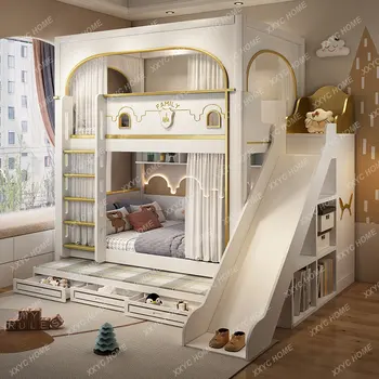 Широкая двуспальная кровать, детская кровать, замок принцессы, Дом на дереве, Регулируемая по высоте кровать, Высокое ограждение, горка с параллельным отверстием